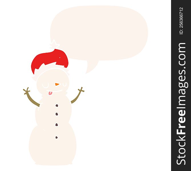 cartoon christmas snowman with speech bubble in retro style