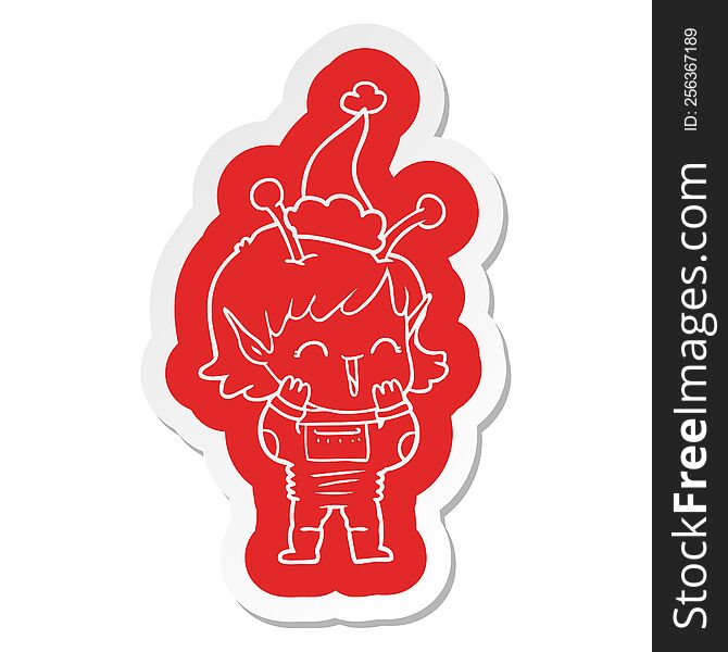 Cartoon  Sticker Of A Alien Girl Giggling Wearing Santa Hat