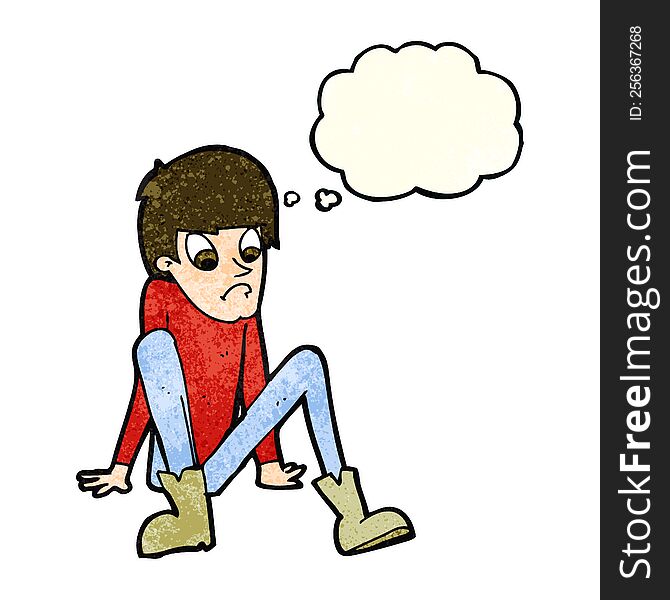 cartoon boy sitting on floor with thought bubble