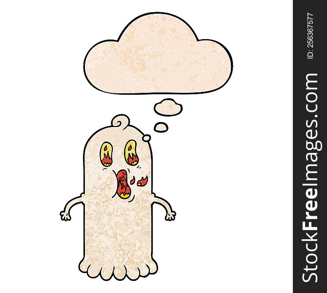 Cartoon Ghost With Flaming Eyes And Thought Bubble In Grunge Texture Pattern Style