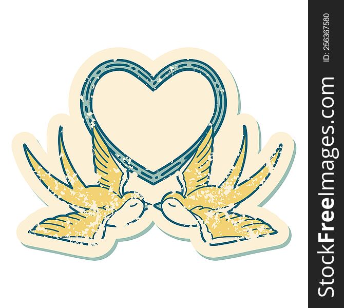 Distressed Sticker Tattoo Style Icon Of A Swallows And A Heart