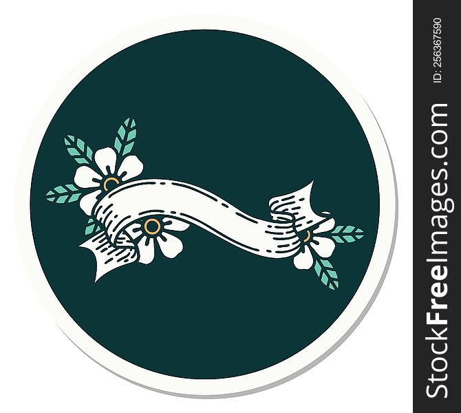 Tattoo Style Sticker Of A Banner And Flowers
