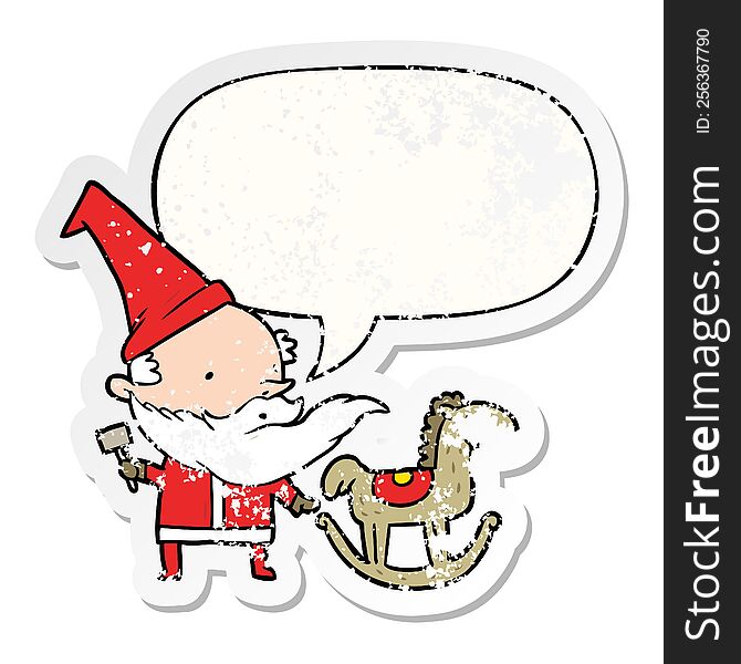 Cartoon Santa (or Elf) Making A Rocking Horse And Speech Bubble Distressed Sticker