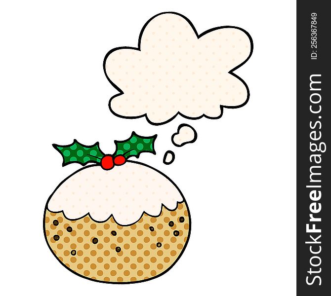 cartoon christmas pudding with thought bubble in comic book style