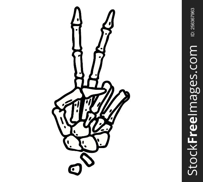 tattoo in traditional style of a skeleton giving a peace sign. tattoo in traditional style of a skeleton giving a peace sign