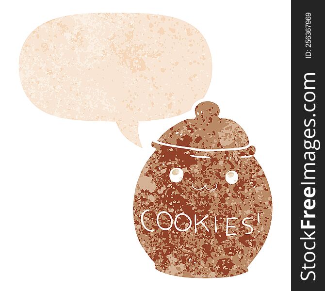 cartoon cookie jar with speech bubble in grunge distressed retro textured style. cartoon cookie jar with speech bubble in grunge distressed retro textured style