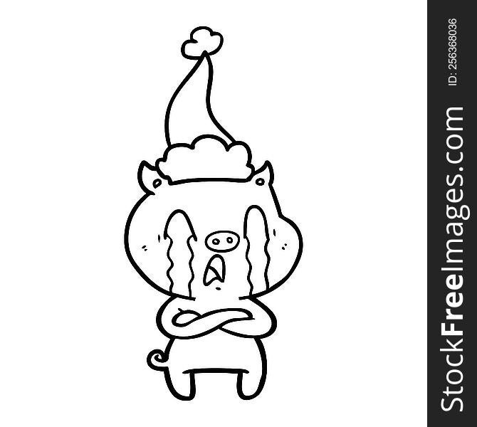 Crying Pig Line Drawing Of A Wearing Santa Hat