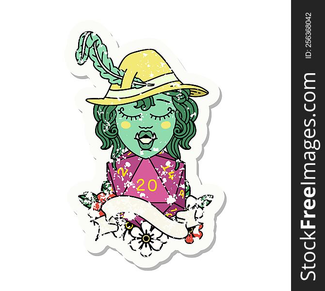 grunge sticker of a singing half orc bard character with natural twenty dice roll. grunge sticker of a singing half orc bard character with natural twenty dice roll