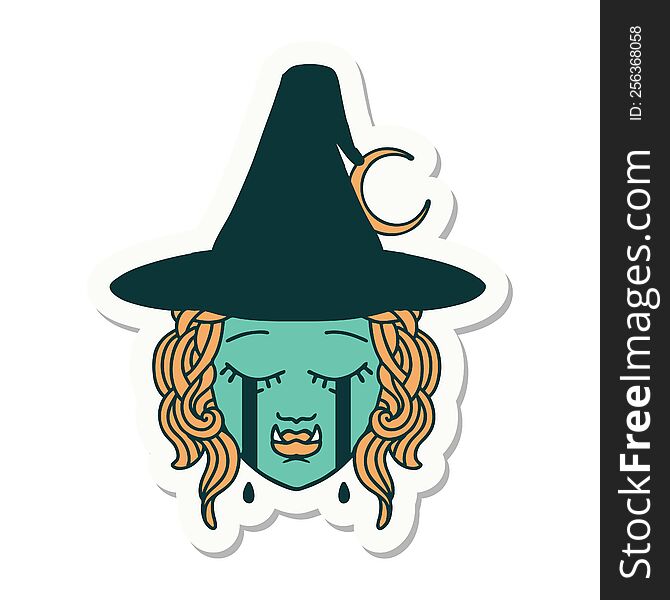 sticker of a crying half orc witch character face. sticker of a crying half orc witch character face