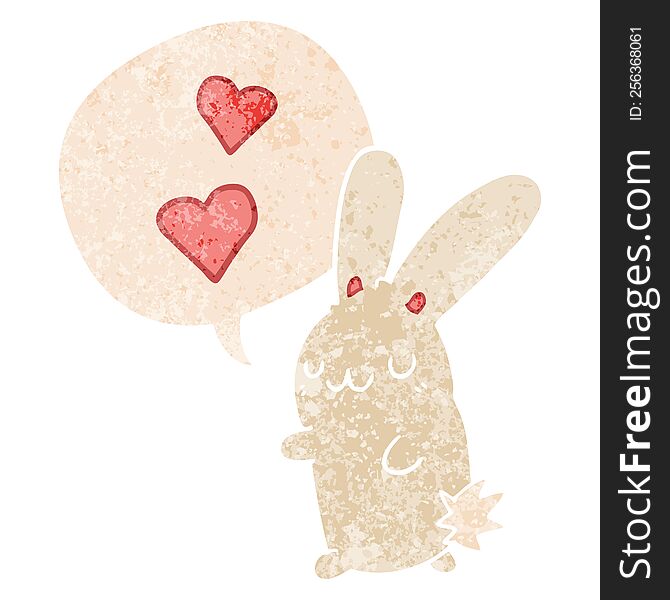 cartoon rabbit in love and speech bubble in retro textured style