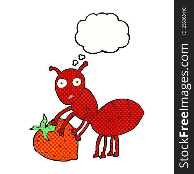 freehand drawn thought bubble cartoon ant with berry