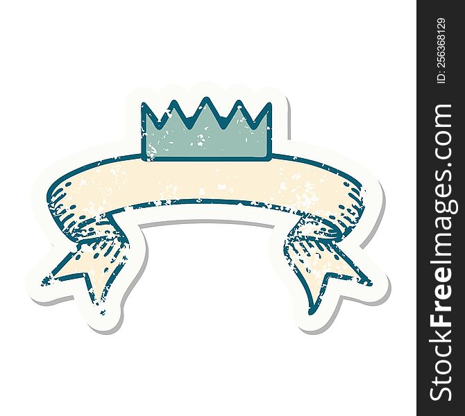 worn old sticker with banner of a crown. worn old sticker with banner of a crown