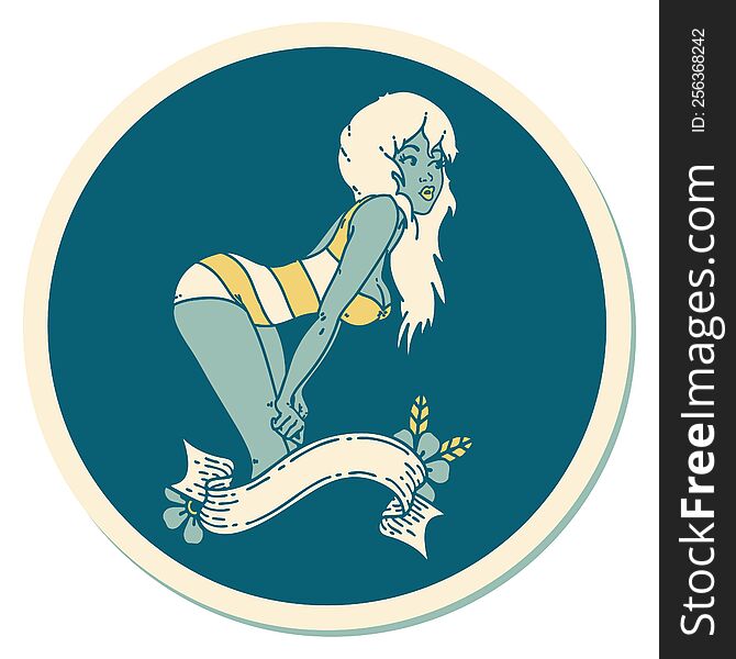 sticker of tattoo in traditional style of a pinup girl in swimming costume with banner. sticker of tattoo in traditional style of a pinup girl in swimming costume with banner