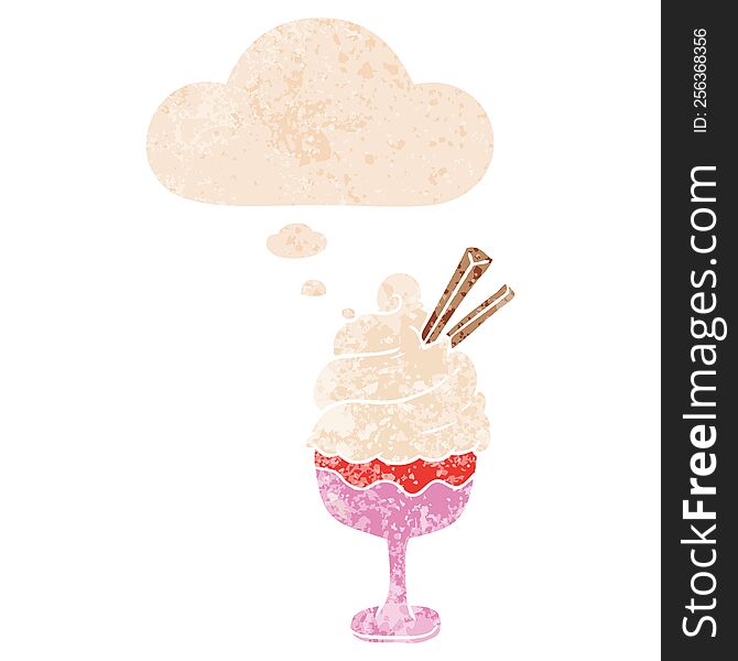 cartoon ice cream with thought bubble in grunge distressed retro textured style. cartoon ice cream with thought bubble in grunge distressed retro textured style