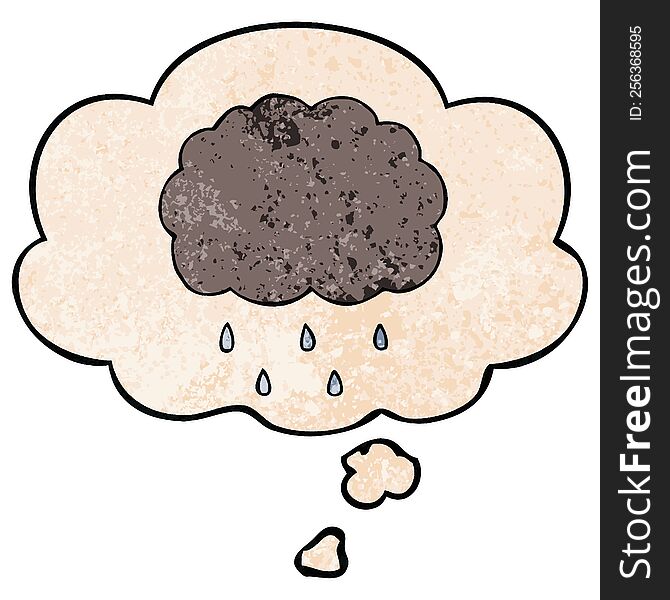 Cartoon Cloud Raining And Thought Bubble In Grunge Texture Pattern Style