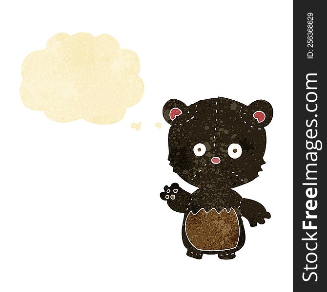 cartoon little black bear waving with thought bubble