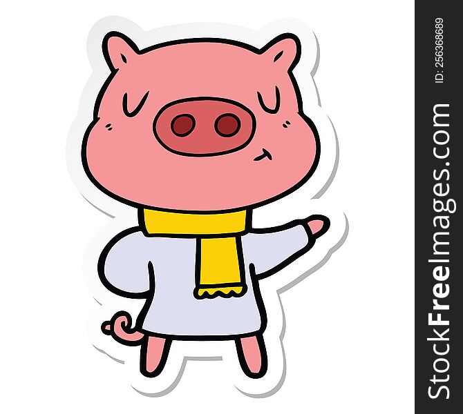 sticker of a cartoon content pig in winter attire