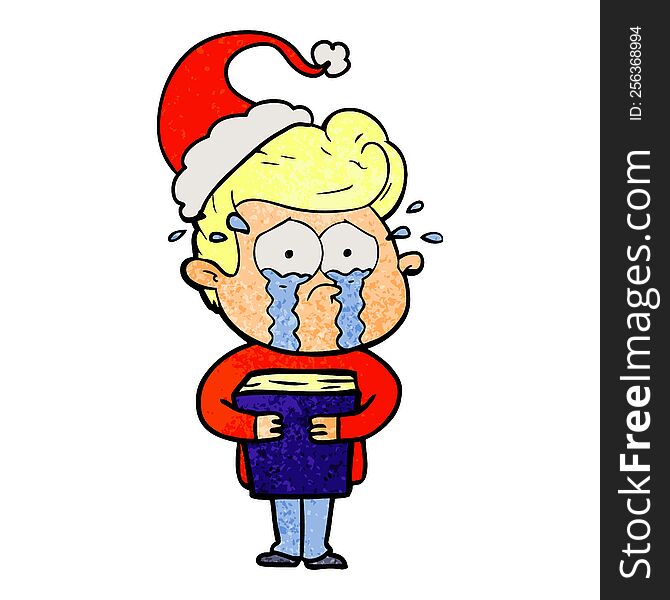 Textured Cartoon Of A Crying Man Holding Book Wearing Santa Hat