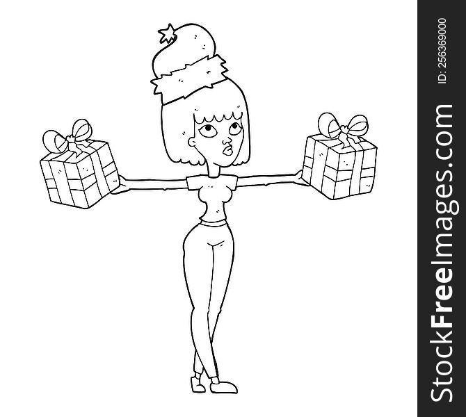 black and white cartoon woman with xmas presents