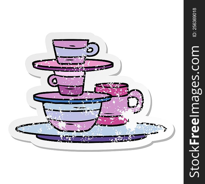 hand drawn distressed sticker cartoon doodle of colourful bowls and plates