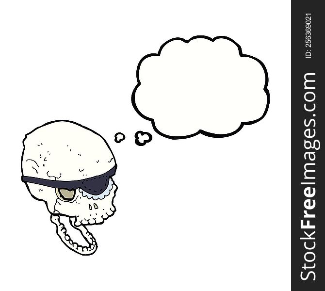 cartoon spooky skull with eye patch with thought bubble