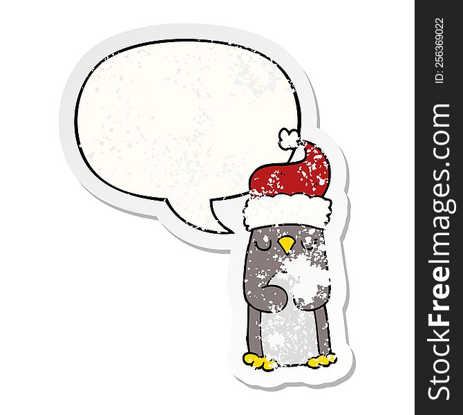 Cartoon Christmas Penguin And Speech Bubble Distressed Sticker