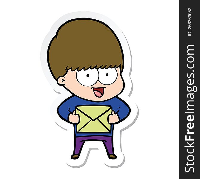 sticker of a happy cartoon boy with present