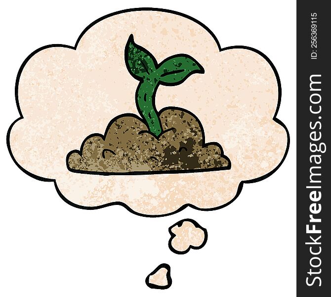 Cartoon Growing Seedling And Thought Bubble In Grunge Texture Pattern Style