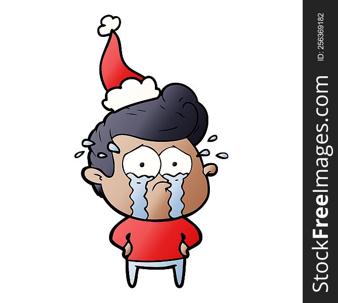 Gradient Cartoon Of A Crying Man Wearing Santa Hat