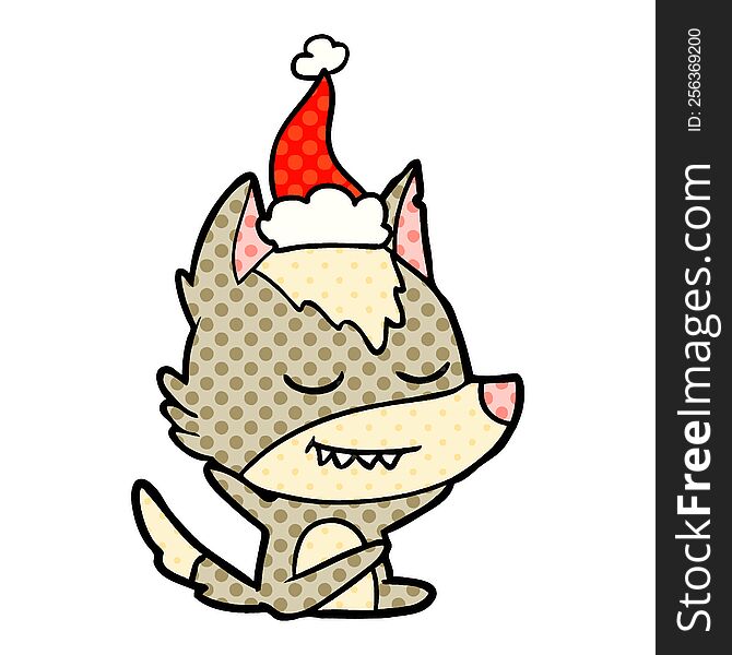 Friendly Comic Book Style Illustration Of A Wolf Sitting Wearing Santa Hat