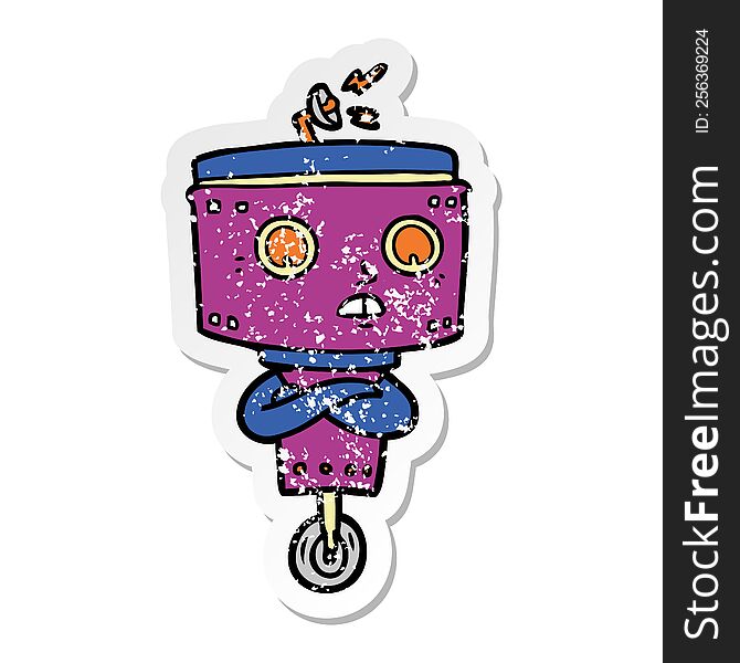 Distressed Sticker Of A Cartoon Robot With Crossed Arms