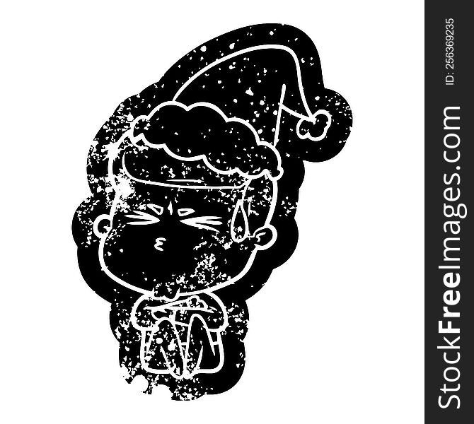 Cartoon Distressed Icon Of A Man Sweating Wearing Santa Hat