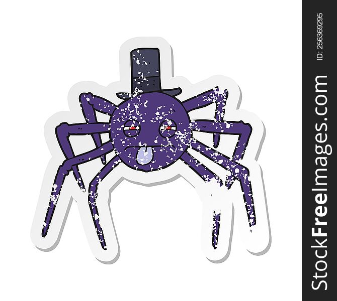 Retro Distressed Sticker Of A Cartoon Halloween Spider In Top Hat