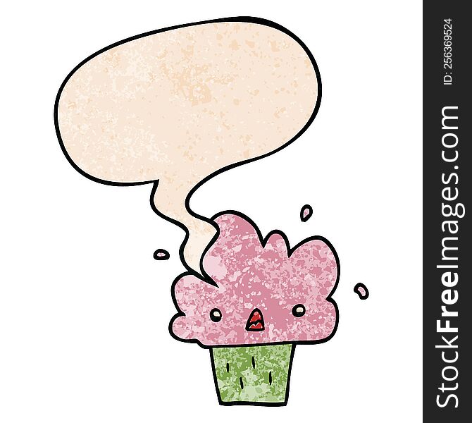 cartoon cupcake and speech bubble in retro texture style