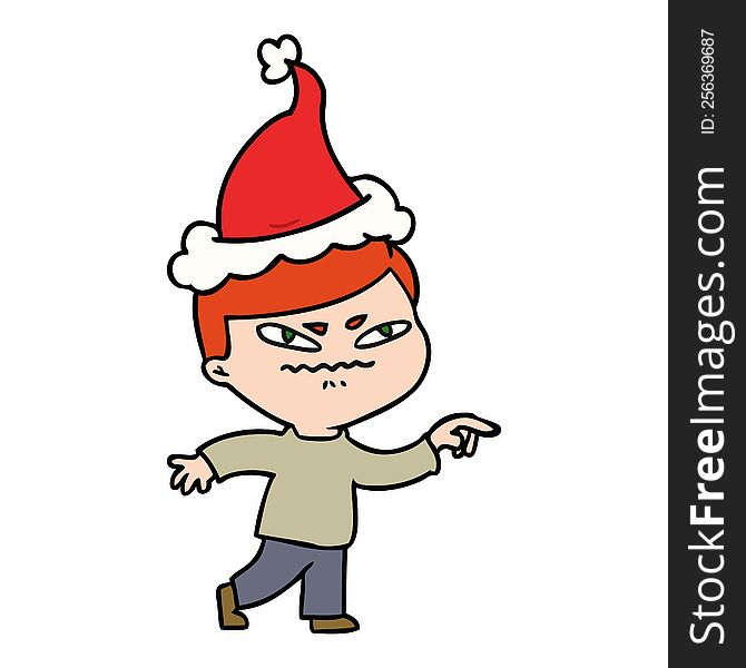hand drawn line drawing of a angry man pointing wearing santa hat