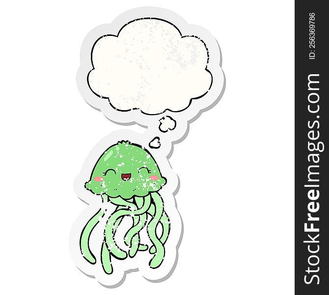 Cute Cartoon Jellyfish And Thought Bubble As A Distressed Worn Sticker