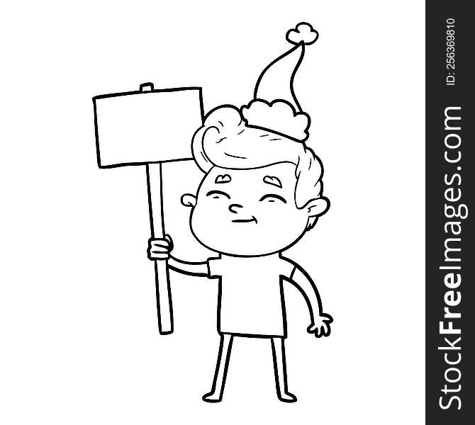 Happy Line Drawing Of A Man With Sign Wearing Santa Hat