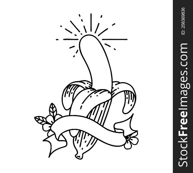 scroll banner with black line work tattoo style peeled banana