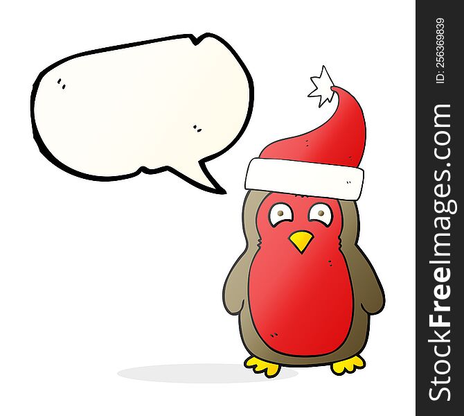 freehand drawn speech bubble cartoon christmas robin wearing christmas hat. freehand drawn speech bubble cartoon christmas robin wearing christmas hat