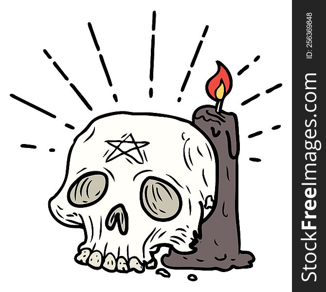 illustration of a traditional tattoo style spooky skull and candle