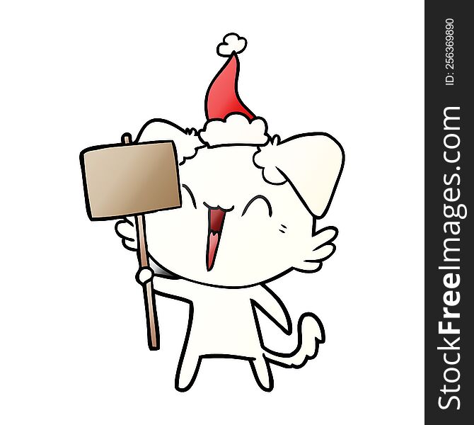 happy little hand drawn gradient cartoon of a dog holding sign wearing santa hat