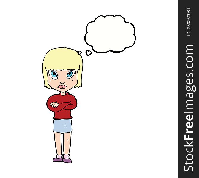 cartoon woman with crossed arms with thought bubble