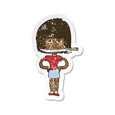 Retro Distressed Sticker Of A Cartoon Woman With Knife Between Teeth Royalty Free Stock Photography