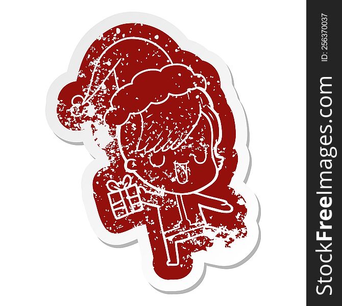 Cute Cartoon Distressed Sticker Of A Girl With Hipster Haircut Wearing Santa Hat