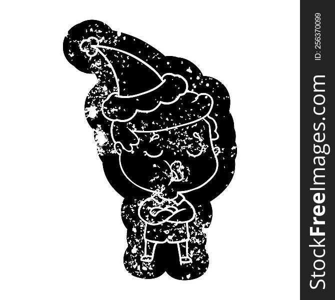 quirky cartoon distressed icon of a man talking wearing santa hat