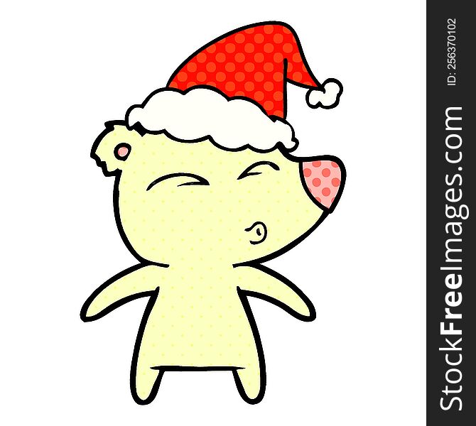 Comic Book Style Illustration Of A Whistling Bear Wearing Santa Hat