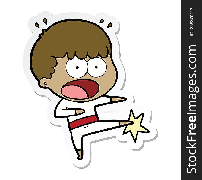 sticker of a cartoon boy karate kicking