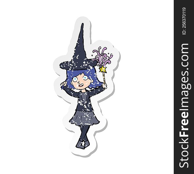 Retro Distressed Sticker Of A Cartoon Happy Witch