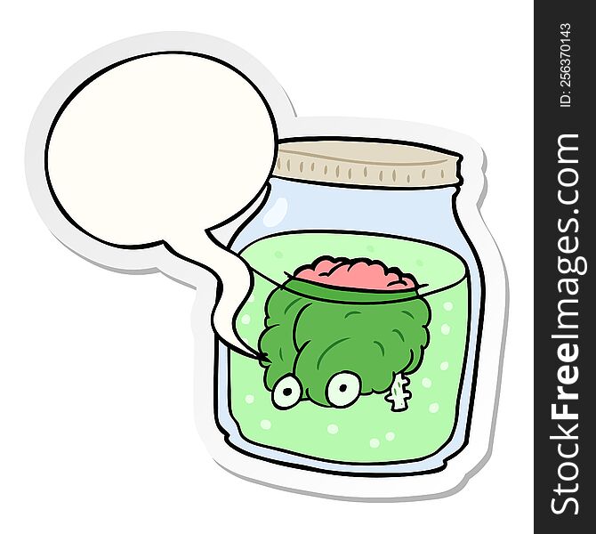 cartoon spooky brain floating in jar with speech bubble sticker