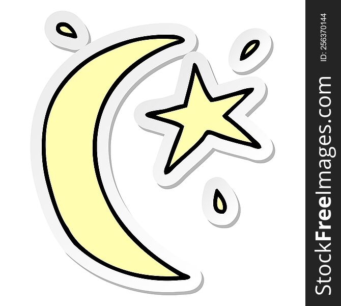 hand drawn sticker cartoon doodle of the moon and a star